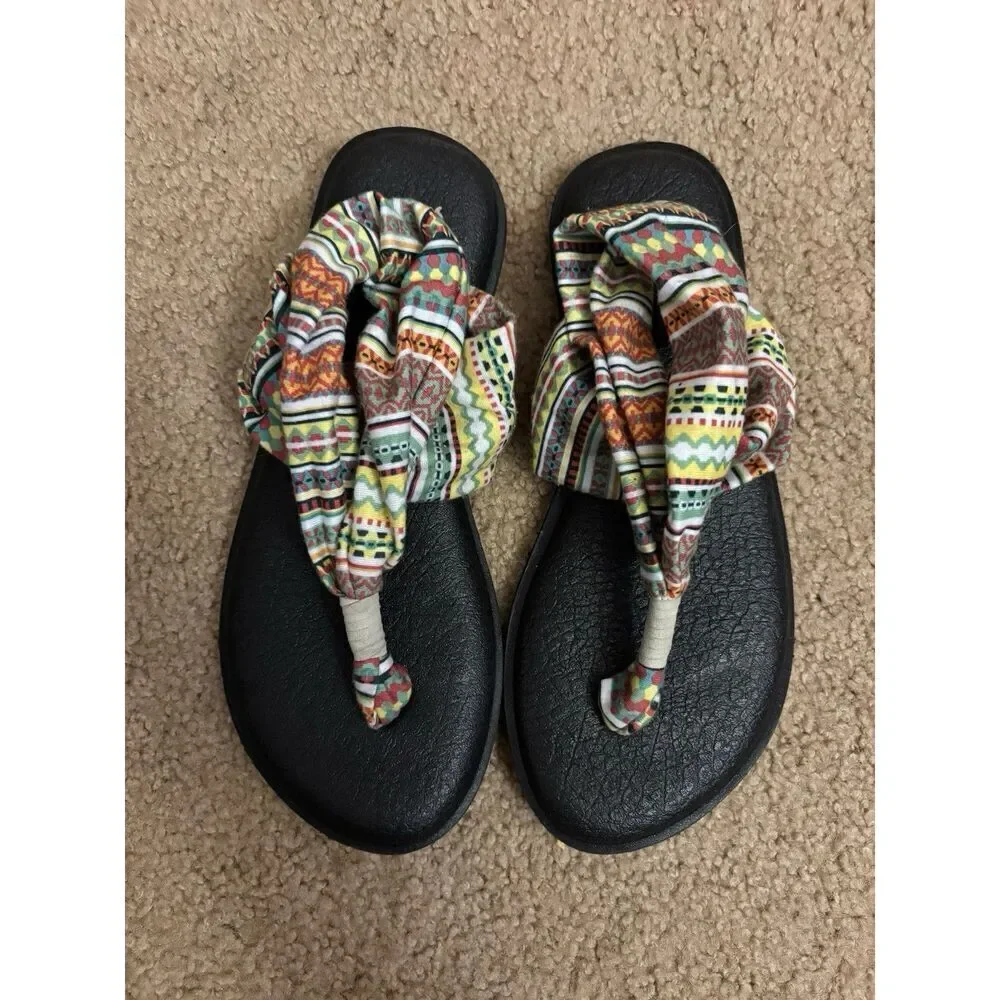 Sanuk Yoga Sling Thong Flip Flop Ella Sandals Womans Size 7 Multi Color Print